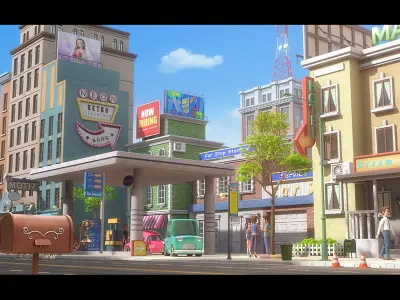  Cartoon City Street Scene 