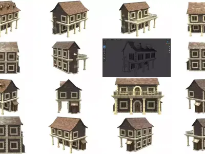 medieval house low poly city town residential house collection 3D Model Pack