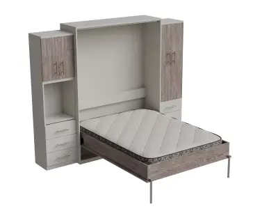 White Cabinet Light Brown Wood Wall Bed Opened Low-poly 3D model