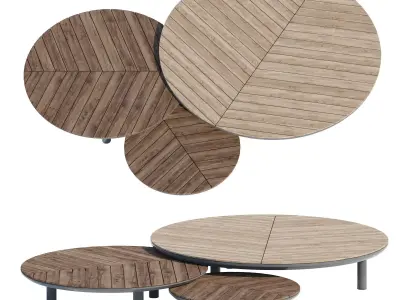 Atollo three round tables with metal legs and wooden tops 3D model