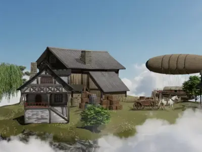 Floating Island Village Low-poly 3D model