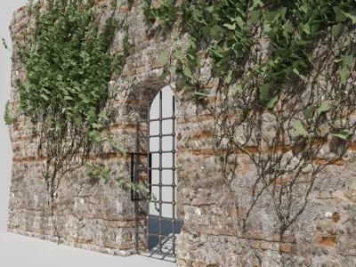 Rustic Stone Facade with Aged Metal Door and Foliage 3D model