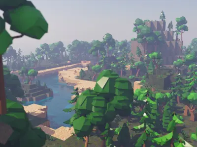 Low-poly Island in water with sun setting behind it 3D model