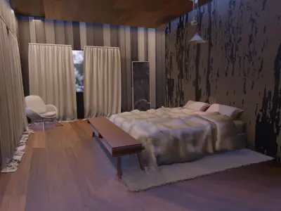 Bedroom with wood floors and bed 3D model