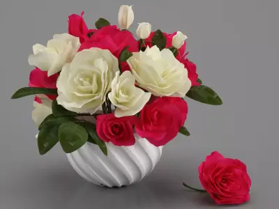 Bouquet of bright pink and white roses in a vase 3D model