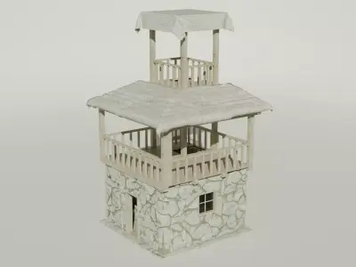 Rustic Wooden and Stone Tower with Balcony and Canopy 3D model