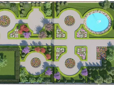 Classical Formal Garden Landscape with Fountain 3D Scene Low-poly 3D model