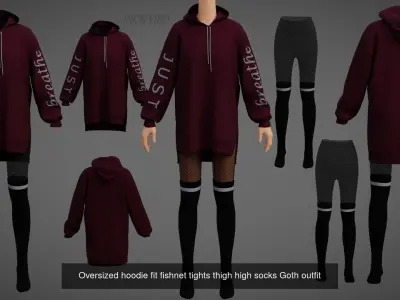 Goth Oversized Sweatshirts Fishnet Leggings Socks Outfit Set 3D Model Pack