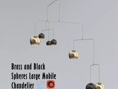 Brass and Black Spheres Large Mobile Chandelier 3D model