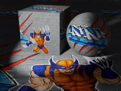 Stone Brick Wall with Wolverine Graffiti PBR Texture Texture