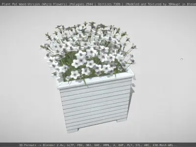 Public Plant Pot Wood-Version with White Flowers Low-poly 3D model