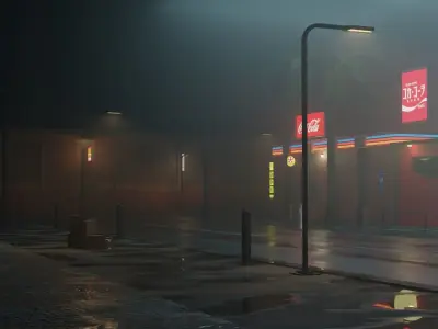 Cyberpunk Low-poly 3D model burger hut in rain 3D model