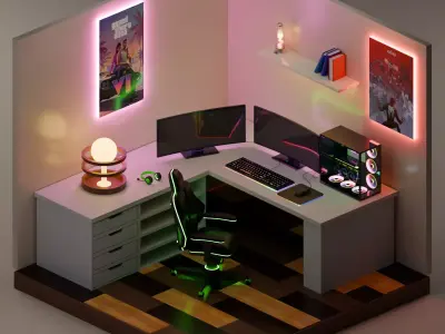Isometric Gaming Room - Stylized RGB PC Setup 3D model