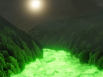Mako Glowing River with forest animated and volumetric fog Low-poly 3D model