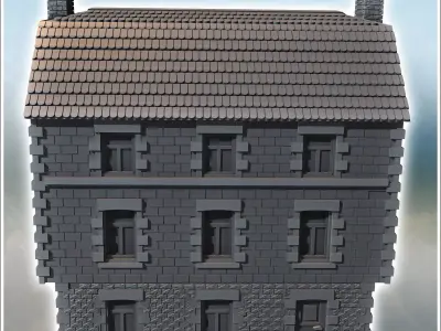 Modern two-story hotel with tiled roof and cut stone and brick w 3D print model
