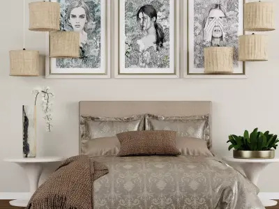 Bedroom set 7 three framed portraits above bed 3D model