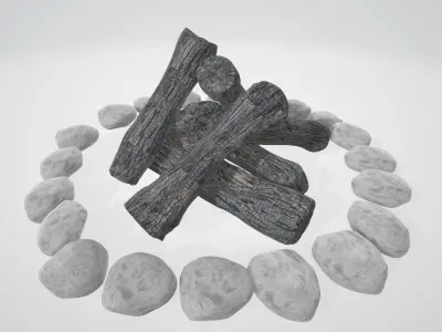 Campfire fire pit with rocks Low-poly 3D model