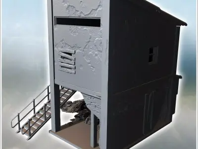 Two-story building with damaged exterior walls and an attached m 3D print model