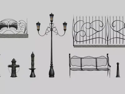 Street furniture set Low-poly 3D model