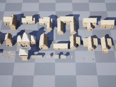 Medieval village wooden houses Low-poly 3D model