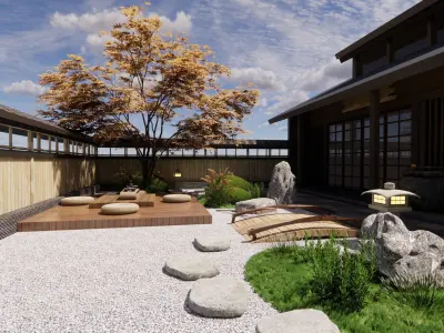 Japanese - style Courtyard Landscape Design Immersive Zen Space 3D model