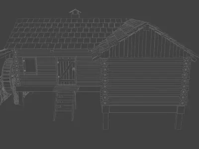 Log cabin and watermill Low-poly 3D model
