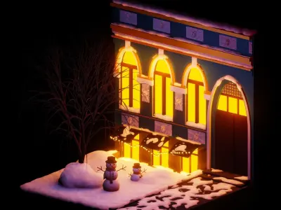 Night Snow Street City in Kiev Winter Light Scene Low-poly 3D model