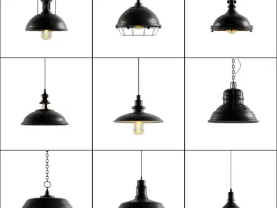 black cast industrial chandeliers 3D model