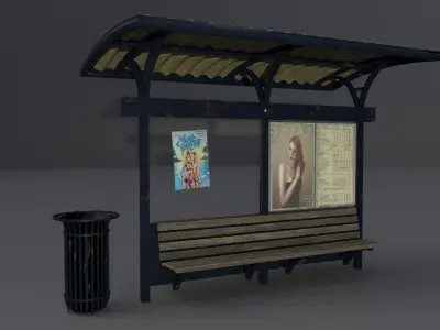 Bus station with trashcan PBR 3D model