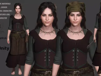 AAA 3D MEDIEVAL CHARACTER - YOUNG MEAT BUTCHER GIRL  Low-poly 3D model