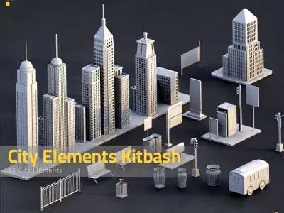 33 City Element Kitbash Low-poly 3D model