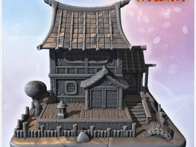 Traditional Japanese house with steep roof wooden beams and smal 3D print model