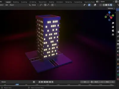 BUILDING lit up at night Low-poly 3D model