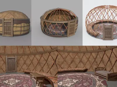 Old Mongolian Yurt and Interior Low-poly 3D model