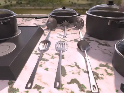 Cooking Set kitchen with pots and pans on counter 3D model