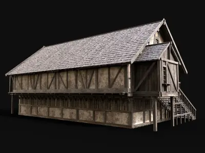 MEDIEVAL ENTERABLE LONG HOUSE HUT FARM COTTAGE WOODEN CABIN AAA Low-poly 3D model