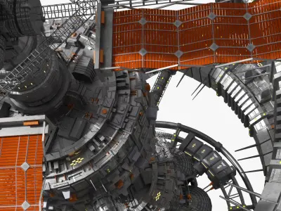  Interplanetary Space Station with Triple Rotation Rings Metallic Gray 