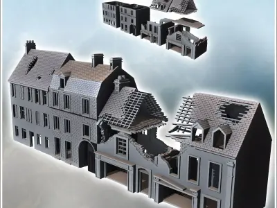 Set of four damaged modern buildings with large access door and  3D print model