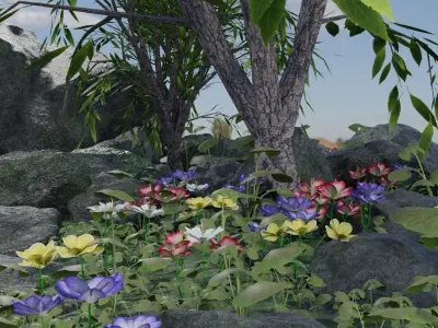 Scene garden with plants and rocks 3D model