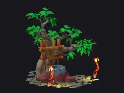 Cartoon well  stone well  water vine tree fence 3D model