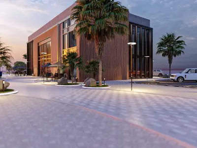  Modern Coffee Shop Building - Backyard Landscape Scene 3D model