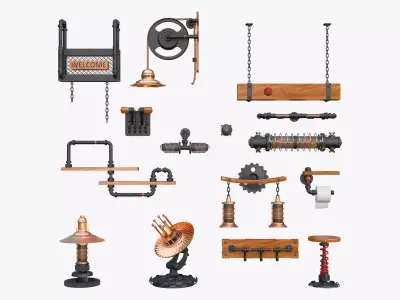 Steampunk Loft Decor 15 Pieces Set M1 3D model