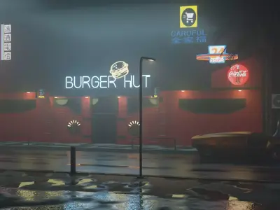 Cyberpunk Low-poly 3D model burger hut in rain 3D model