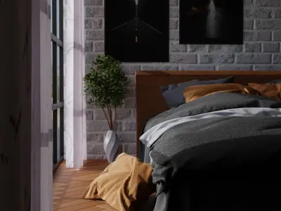 Bedroom with pillows and curtain  Low-poly 3D model