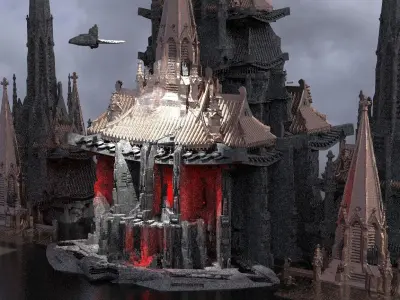 Sci-Fi dark Cyberpunk temples With ship Kit bash 3D model
