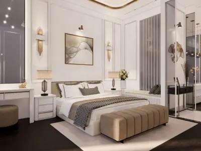Bedroom with walls and gold accents 3D model