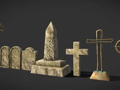 Tombstone collection group of gravestones and crosses Low-poly 3D model