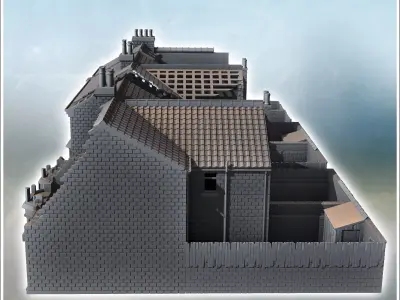 Set of three buildings with large bay windows and a backyard sur 3D print model