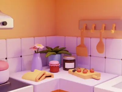 Interior Kitchen Room with Furniture and Kitchen Item Pack Low-poly 3D model