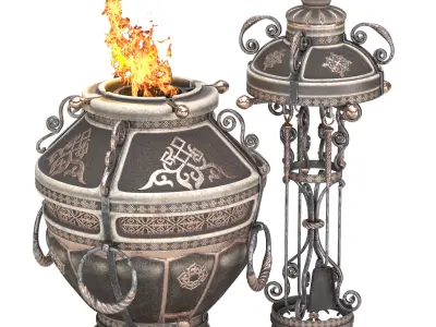 Tandoor ornate urn with fire in it 3D model